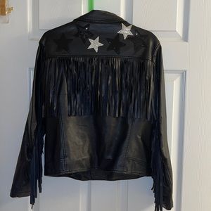 Nasty Gal Vegan Leather Fringe Black Moto Jacket Sequin Stars Tassels